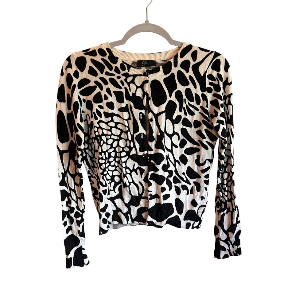 Eva‎ Franco Cardigan Black White Abstract Giraffe Animal Print Rayon Small